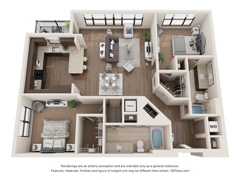 a 3d floor plan with a bedroom and a living room